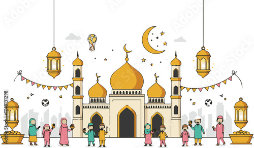 Eid Mubarak Illustration with Mosque, Lanterns, and People Celebrating