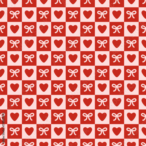 Bow and heart gingham seamless pattern. Tartan check for tablecloths, napkins, clothes, packaging