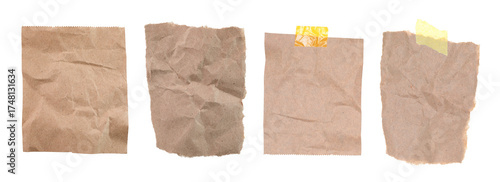Set of wrinkled and ripped kraft paper sheets isolated on transparent background
