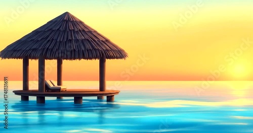 Cartoon shallow lagoon with wooden hut, yellow–peach tropical gradient background, soft dreamy glow