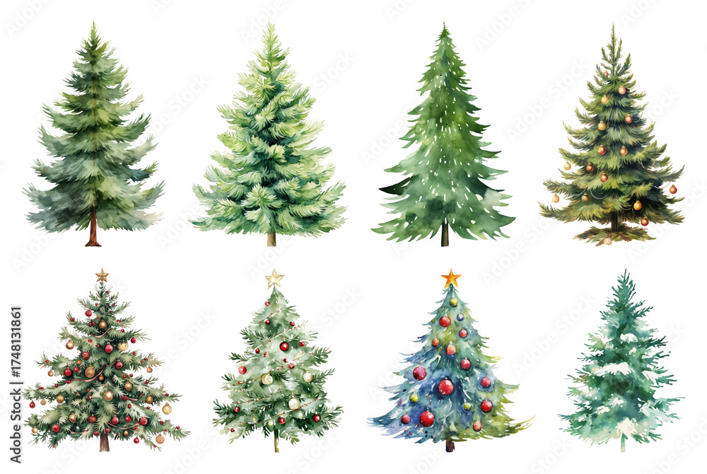 Obraz premium PNG Watercolor Christmas tree illustrations, element set on transparent background