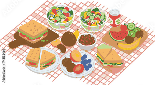 Delicious Picnic Spread Featuring Sandwiches, Fresh Salads, and Assorted Fruits on a Red Gingham Tablecloth