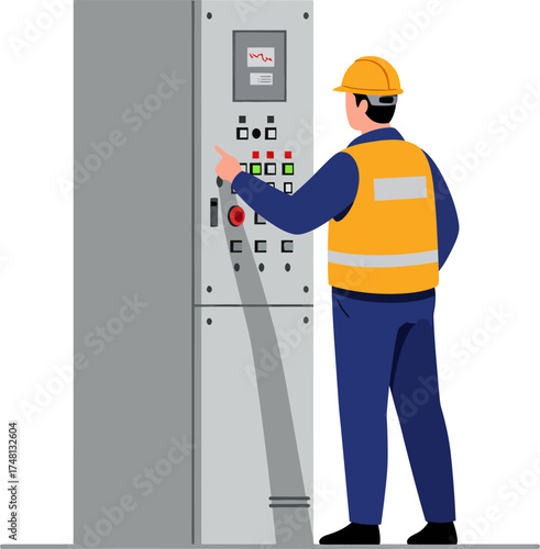 Engineer operating control panel with safety gear.