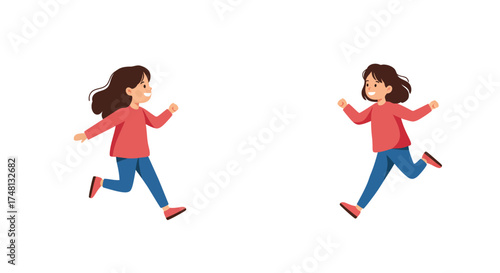 Happy little girls joyfully running and playing, expressing freedom and cheerful energy in a playful flat vector illustration for children's activities and fun