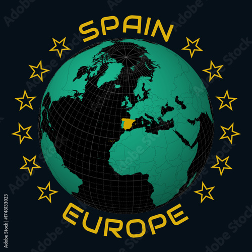 Spain on Globe. Round country and continent name text. Country view on world map in Black Emerald color palette. Spain shape on map. Vibrant vector illustration.
