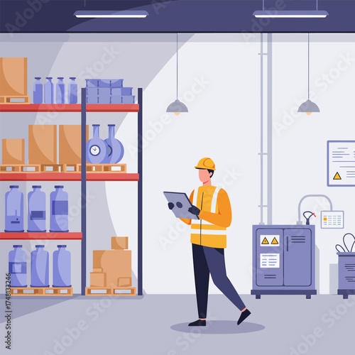 Warehouse worker in safety vest checking inventory on tablet.
