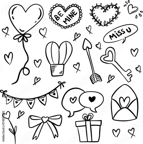 Valentines day doodles set. Love theme simple doodle illustration for design. Wedding elements, hearts, romantic icons. Love clipart, arrows, text, rings, letters, flowers, sweets