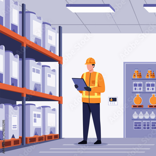 Warehouse worker in safety vest and hard hat inspecting inventory on shelves.