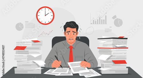 Exhausted office worker facing overwhelming workload with looming deadlines illustration