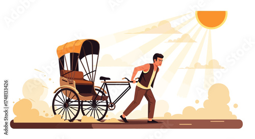 Exhausted rickshaw puller struggling uphill under the blazing sun intense heat