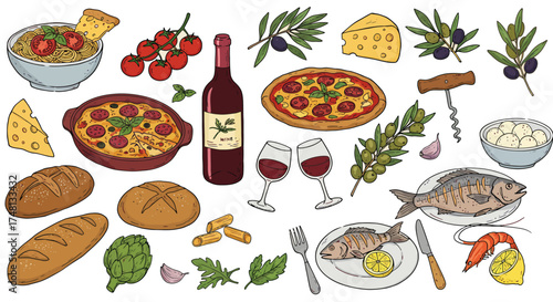 Mediterranean food set. Minimalist hand drawn food and drinks collection. Set of doodles, rough simple Italian cuisine food sketches. Vector illustration isolated on transparent background