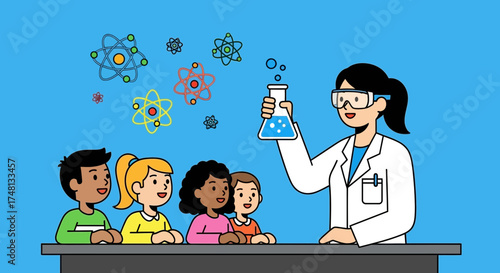 Enthusiastic teacher demonstrating a captivating science experiment to diverse students in the