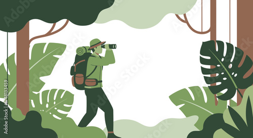 Explorer with binoculars in a tropical forest adventure concept illustration