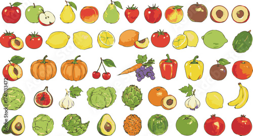 Vector collection of various fresh fruits and vegetables. Isolated illustrated set of healthy organic food items like apples, lemons, and pumpkins