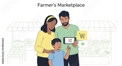 Family enjoying digital farmer's market experience with mobile ordering and fresh produce