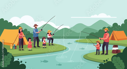 Family fishing trip illustration with tents and mountain backdrop for outdoor recreation