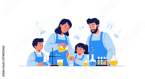 Family Science Experiment: A Cartoon Illustration of Parents and Children Conducting Scientific