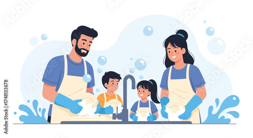 Family teamwork: Parents and children happily washing dishes together at home