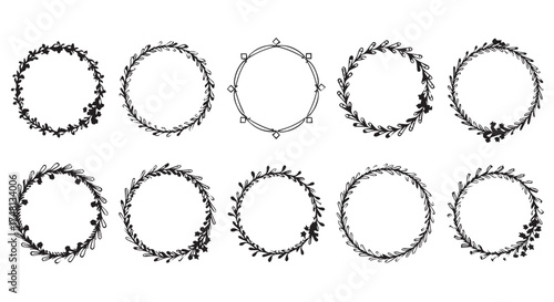 Collection of ten decorative circular floral frames and borders, isolated on transparent background