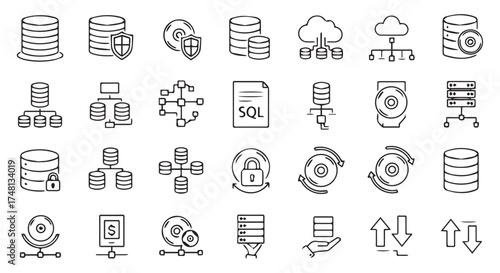Database and data management icons isolated on transparent background, illustrating concepts of storage, security, and networking