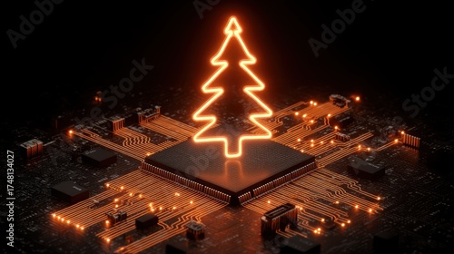 digital glowing tech christmas tree on blue computer tech background