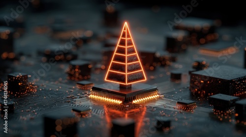 digital glowing tech christmas tree on blue computer tech background