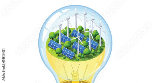 Eco-friendly light bulb illustration with wind turbines and solar panels, representing renewable energy and sustainable power generation