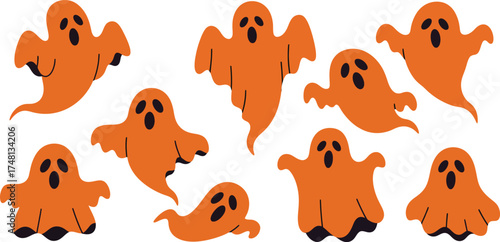 A collection of cute, cartoonish orange ghosts with black eyes and mouths, scattered across a white background, evoking a playful Halloween theme.