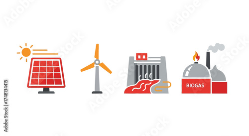 Set of icons representing renewable energy sources including solar power, wind turbine, hydroelectric dam, and biogas plant