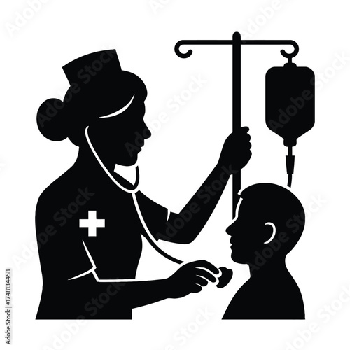 Nurse adjusting IV stand, silhouette vector illustration