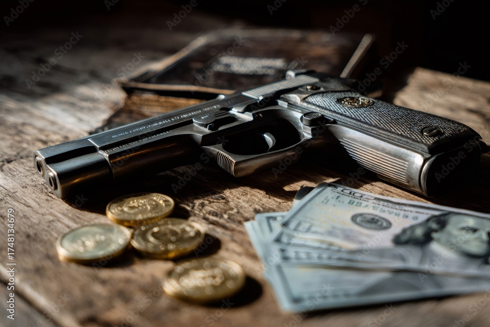 Obraz premium Gun, money, and assets symbolizing crime and risk