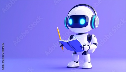Cute learning robot with headphones taking notes for AI education on violet background