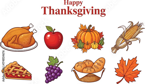 Vector art of a happy Thanksgiving greeting card with traditional food items