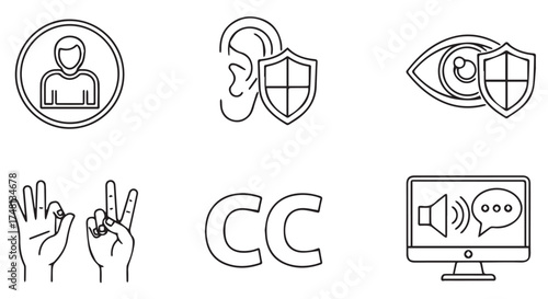 Collection of icons representing accessibility features and user privacy isolated on transparent background