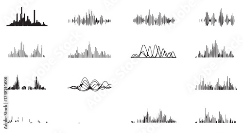 Abstract black and white graphic representations of sound waves or audio waveforms isolated on transparent background