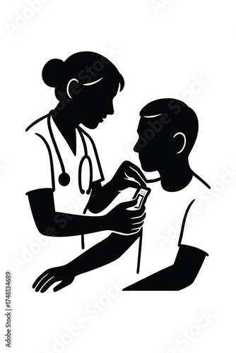 Nurse applying bandage, silhouette vector illustration