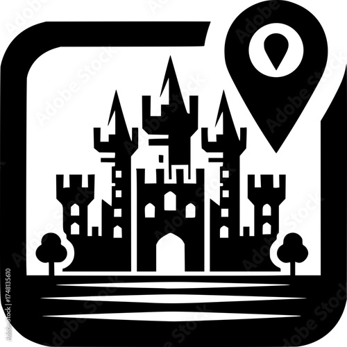 Castle Landmark Location: A majestic castle silhouette, crowned with towers and battlements, is ingeniously framed within a location icon, signifying the perfect blend of history and navigation.