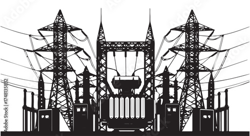Silhouette of a large electrical substation with power lines and transformers, showcasing industrial infrastructure isolated on transparent background