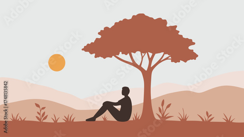 Silhouette Man Sitting Under Tree at Sunset