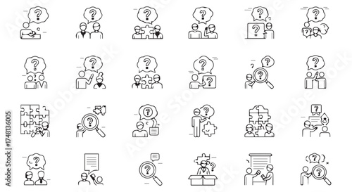 Collection of handdrawn sketch icons representing people thinking, asking questions, and seeking solutions isolated on transparent background
