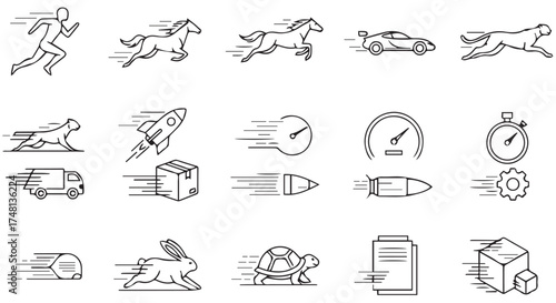 A collection of diverse icons illustrating speed and motion, including a runner, horse, car, cheetah, rocket, and stopwatch, isolated on transparent background