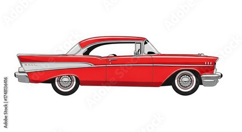 Classic bright red 1957 Chevrolet Bel Air two-door hardtop car isolated on white background.