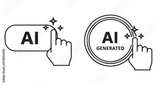 Two icons representing artificial intelligence generation, one with a finger clicking an ai button and another with a circular badge indicating ai generated content, isolated on transparent background