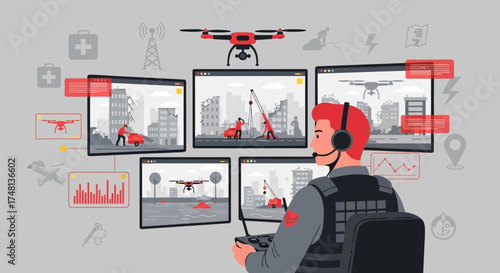 Drone operator monitors rescue operations in disaster zone using multiple screens technology