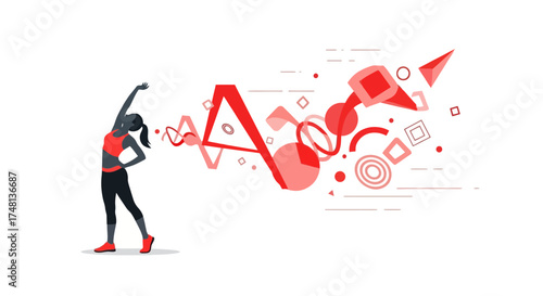 Dynamic illustration of a sporty woman stretching with abstract geometric shapes in vibrant red