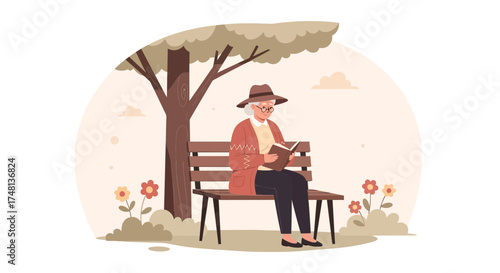 Elderly woman reading book under tree enjoying tranquil moment in the park relaxation