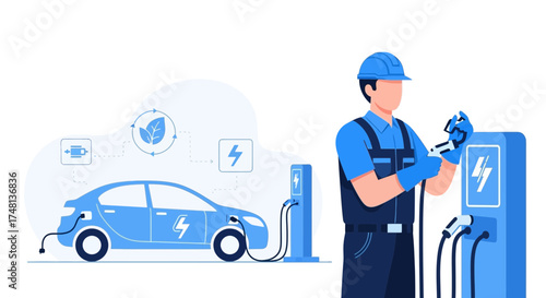 Electric Vehicle Charging Station Illustration with Engineer and Eco-Friendly Energy Focus