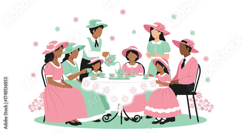Elegant afternoon tea party with diverse guests enjoying refreshments and conversation in style