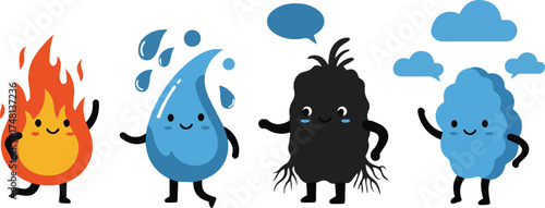 Adorable collection of the four classical nature elements. Cute cartoon characters of fire, water, earth, and air mascots with smiling faces
