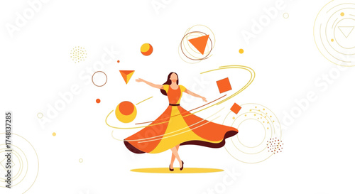 Elegant woman in flowing dress surrounded by abstract shapes, creating a dynamic and whimsical